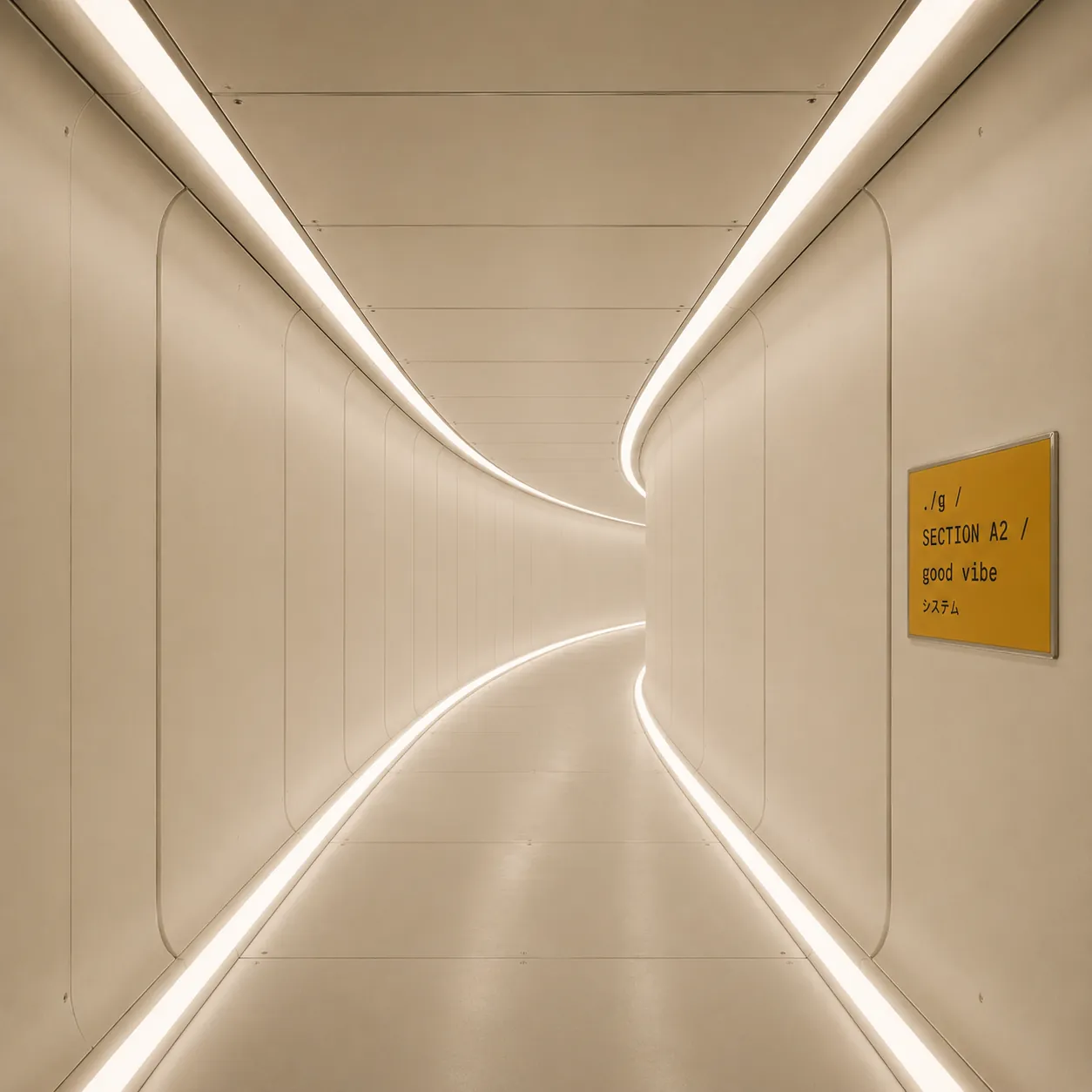 Couloir de vaisseau incurvé, style Discovery One, panneau jaune