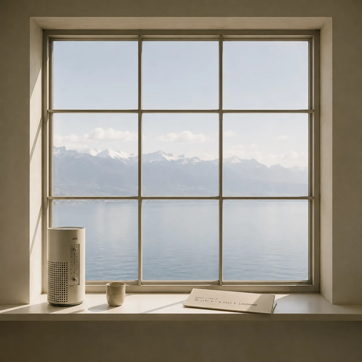 Fenêtre en longueur sur le lac Léman et les Alpes, radio Braun T1000 posée sur le rebord