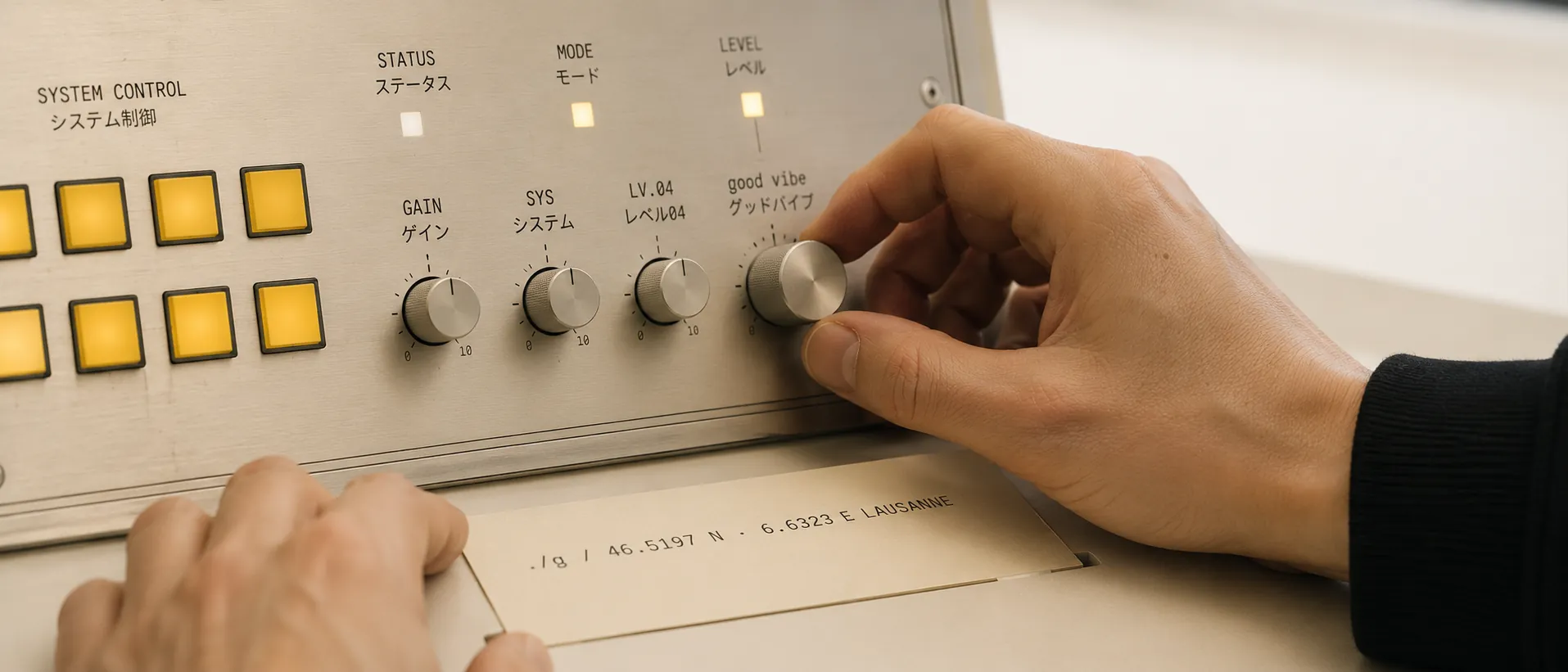 Gros plan d'une main réglant un potentiomètre sur une interface good vibe